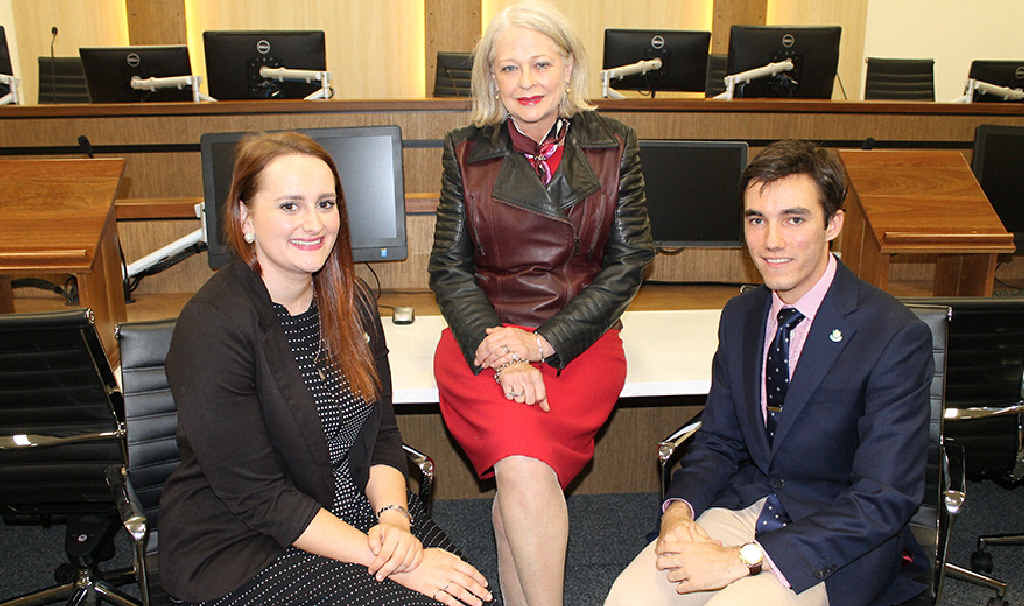 IN SESSION: Justice Margaret McMurdo with law students Jessica Popple and Michael Jefferies at the opening of the first moot court at the University of the Sunshine Coast. IN SESSION: Justice Margaret McMurdo with law students Jessica Popple and Michael Jefferies at the opening of the first moot court at the University of the Sunshine Coast.